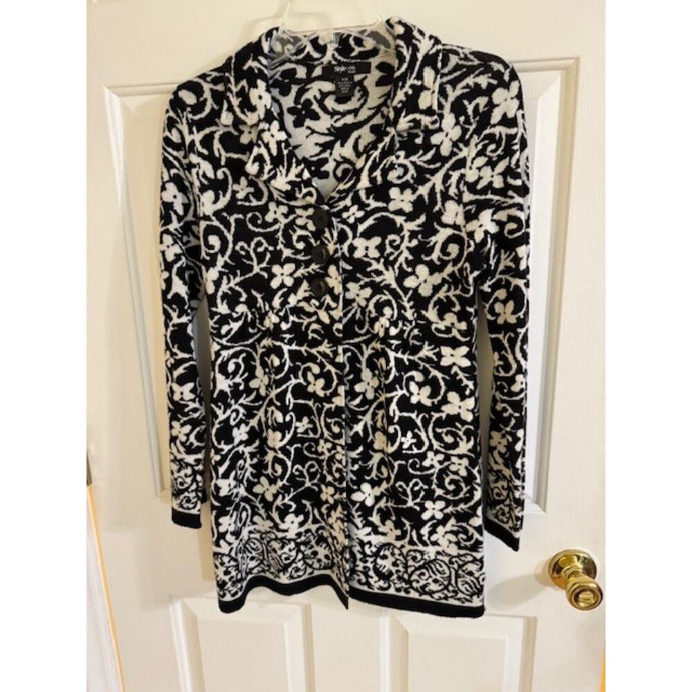 Style & Co Button-Front Tunic Sweater A-Line Black/White Knit Long Dark Academia